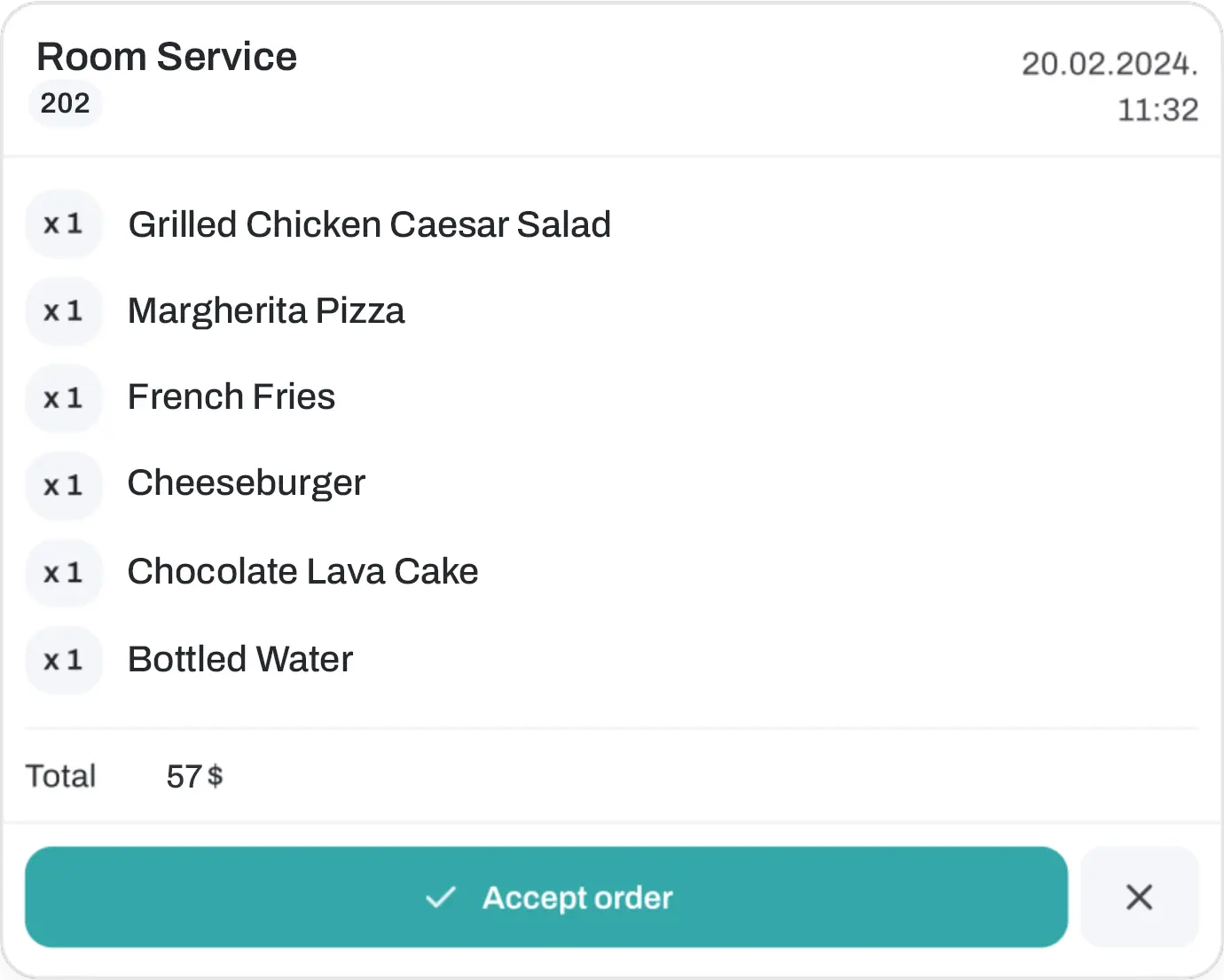 Room service order summary and dish detail in the guest app