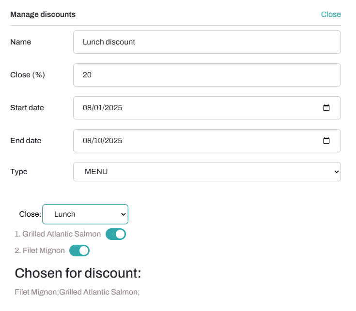 Hotel staff screen for managing discounts, with a 20% lunch discount applied to selected menu items