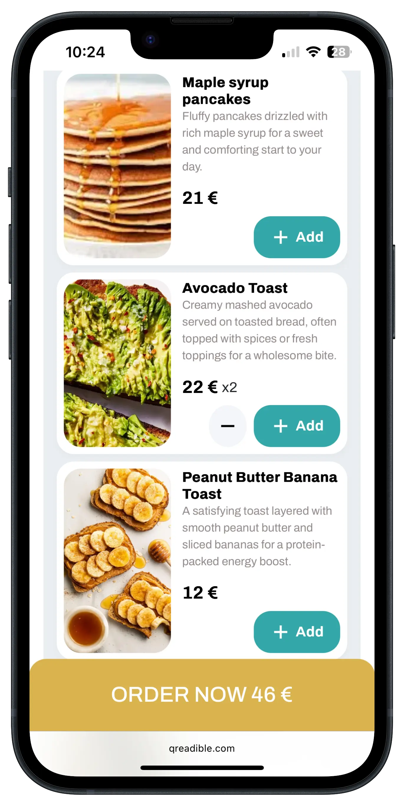 Guest ordering screen on a phone showing breakfast items with add buttons and an order total